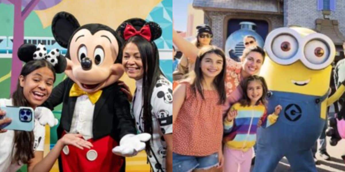 Two families pose for photos at theme parks: one with Mickey Mouse at Disney and the other with a Minion character at Universal. Everyone is smiling and looks excited, surrounded by colorful backgrounds in 2025.