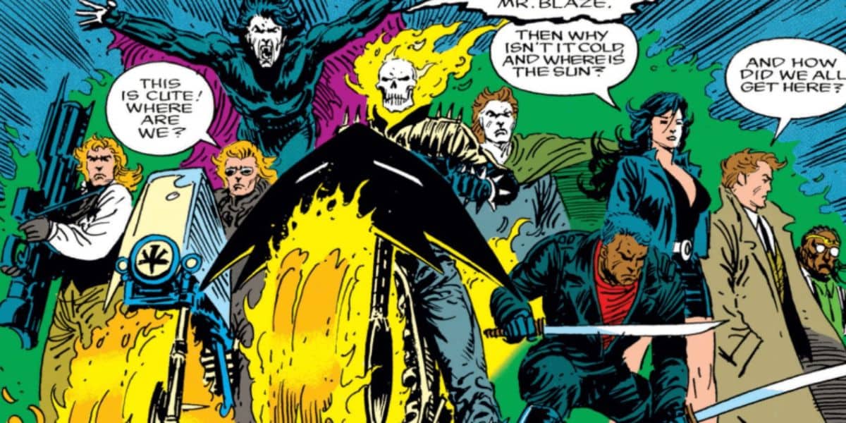 A group of Marvel comic characters, including Deadpool, Ghost Rider with a flaming skull, Blade with a sword, and others, stand together in dramatic poses against a colorful, swirling background while having a conversation.