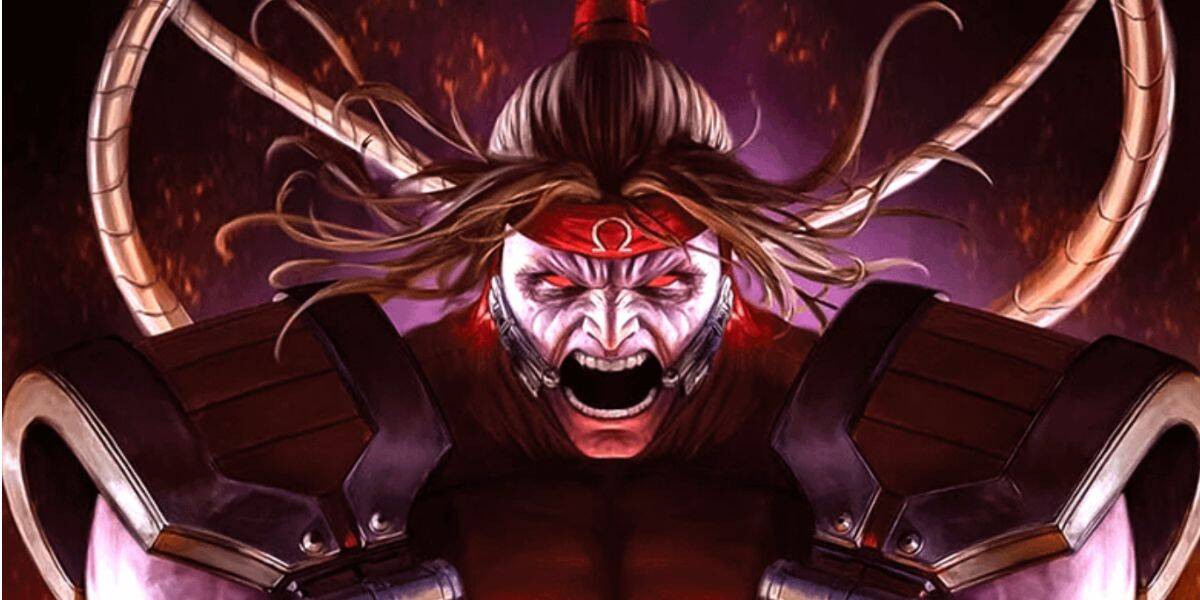 A menacing character with long, wild hair, a red headband, and white face paint snarls fiercely. Sporting Deadpool-inspired heavy armor and large metal shoulder pads, mechanical tentacles extend from his back against a dark, fiery backdrop.