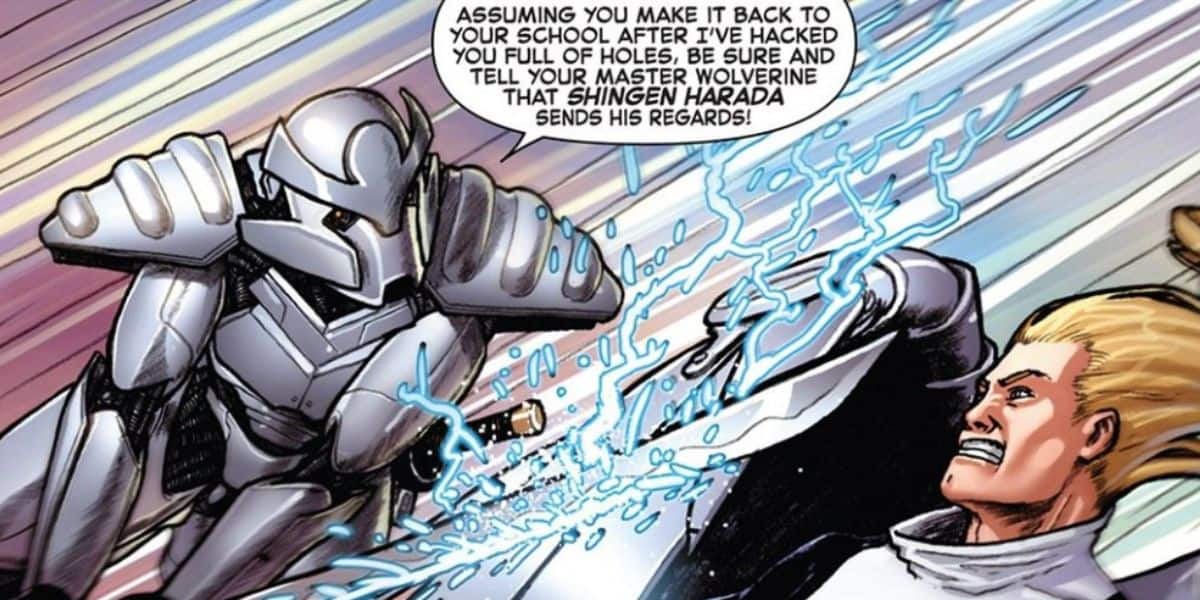 A silver-armored figure attacks a man with long blond hair, shooting blue electricity from their arm. The armored figure says, "Assuming you make it back to your school after I've hacked you full of holes… Deadpool sends his regards!.