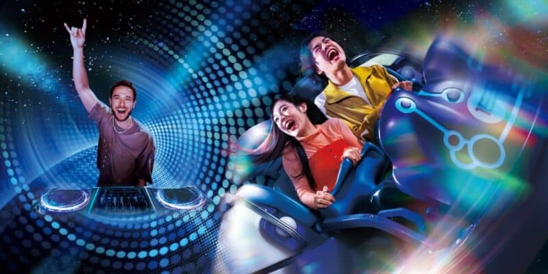 Guests ride Space Fantasy – The Ride: CLUB ZEDD REMIX in a promotional image while Zedd DJs next to them