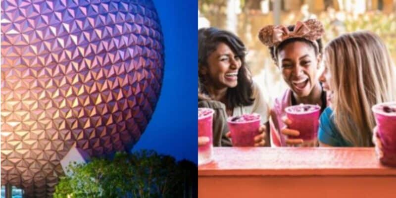 The left side shows EPCOT’s Spaceship Earth at dusk. The right side features three women smiling and holding colorful drinks, with one wearing Mickey Mouse ears—capturing the Disney magic enjoyed by happy guests.