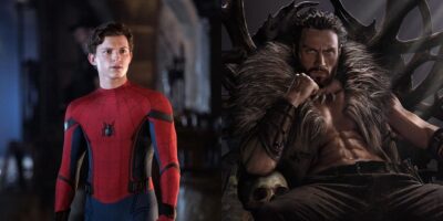 A split image shows Marvel’s Spider-Man in his red and blue suit on the left, looking concerned, and a muscular man with fur attire and a bare chest sitting on a throne decorated with antlers and skulls on the right.