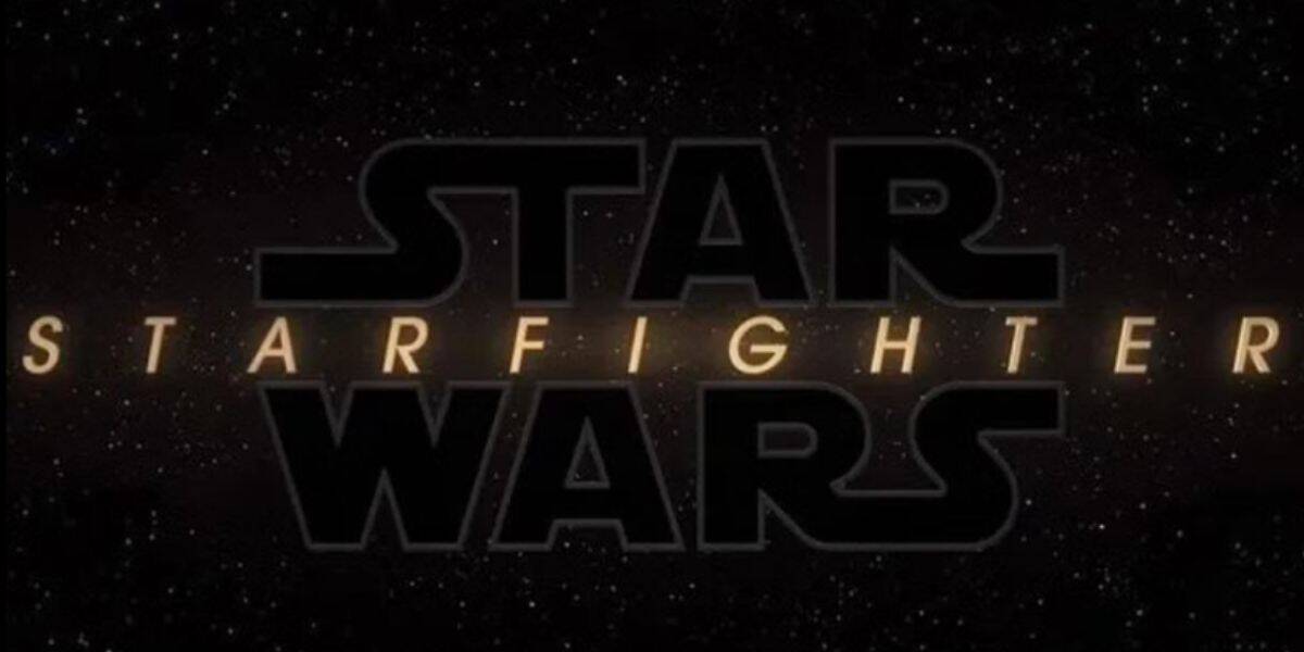 The image shows the black "Star Wars" logo with the word "Starfighter" in glowing gold letters across the center, set against a star-filled space background, embodying classic Star Wars style.