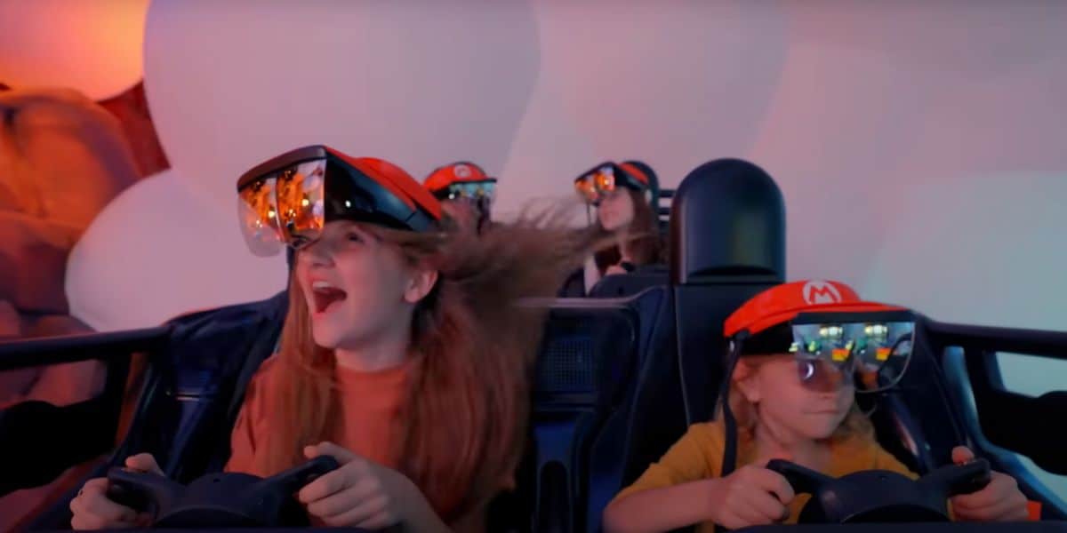 four guests ride Epic Universe's Mario Kart: Bowser's Challenge in SUPER NINTENDO WORLD