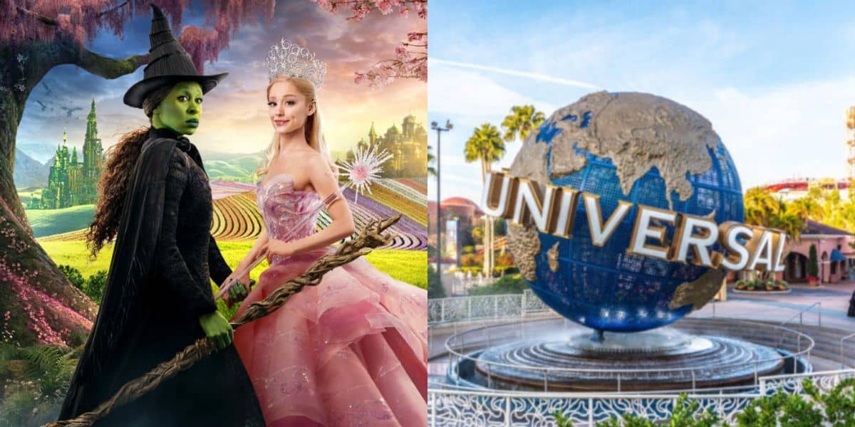 On the left, two women in fantasy costumes: a green-skinned witch inspired by Wicked and a pink fairy with a crown. On the right, the iconic Universal Studios globe welcomes visitors to Universal Orlando’s world-famous themed attraction.