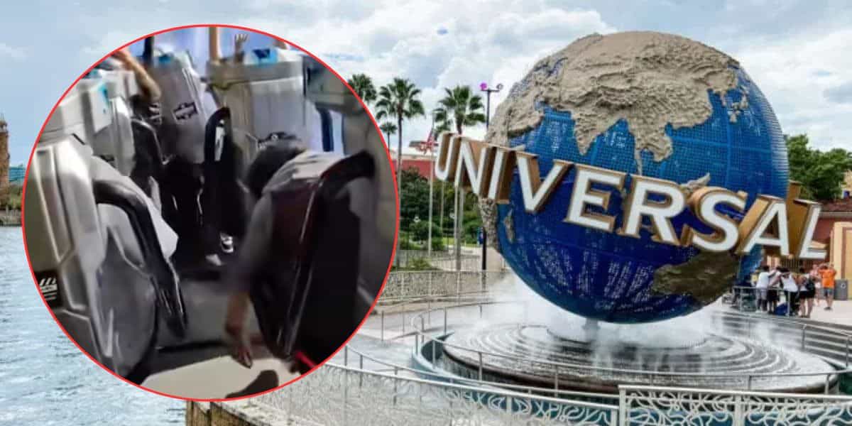 A split image shows a Universal Studios globe in front of a park entrance and, in a circular inset, people seated and bent over inside a bus or coach.