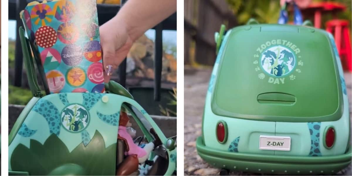 A toy green car with a “ZOOGETHER DAY” logo and “Z-DAY” license plate. One image shows a hand placing a colorful illustrated book into the open trunk, perfect for Disney World adventures; the other shows the car from the rear.