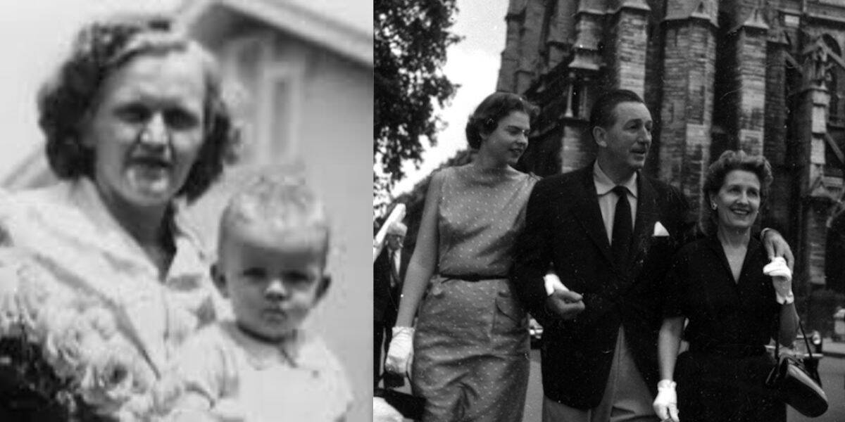 Classic black-and-white shots: a devoted caretaker cradles a child, and three adults stroll like VIP guests behind the $9M story.