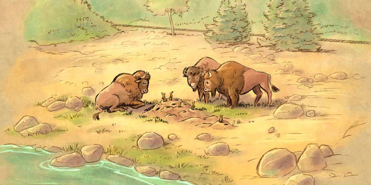 Bison and prairie dogs interact on a Yellowstone National Park landscape, with grassy plains, rocks, and nearby water.