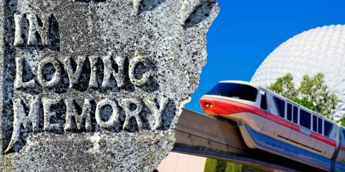 A gravestone inscribed "In Loving Memory" sits near the Epcot monorail and the iconic Spaceship Earth dome inside Disney World.