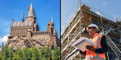 Left: Hogwarts castle atop a hill. Right: Universal Orlando Resort heme park staff in safety vest with clipboard at an immersive attraction under construction.