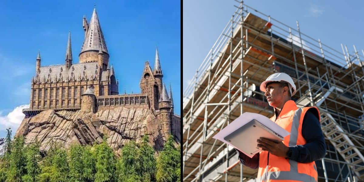 Left: Hogwarts castle atop a hill. Right: Universal Orlando Resort heme park staff in safety vest with clipboard at an immersive attraction under construction.