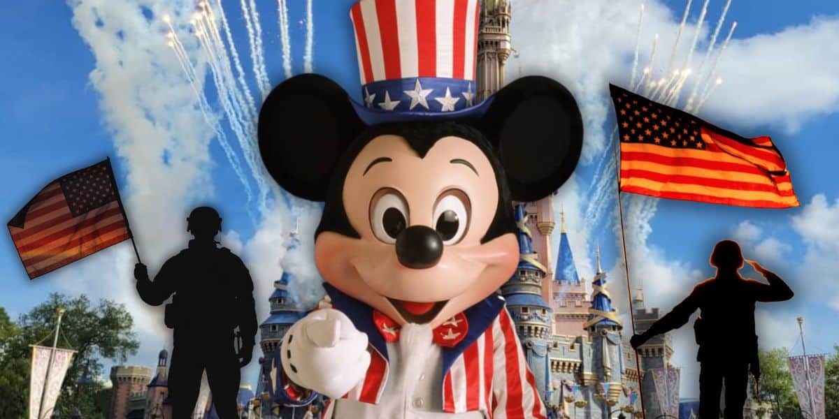 Mickey Mouse dons patriotic attire at Disney World, joined by soldiers and American flags, with fireworks above the castle at Disney World in 2026 as news breaks out of something new coming.