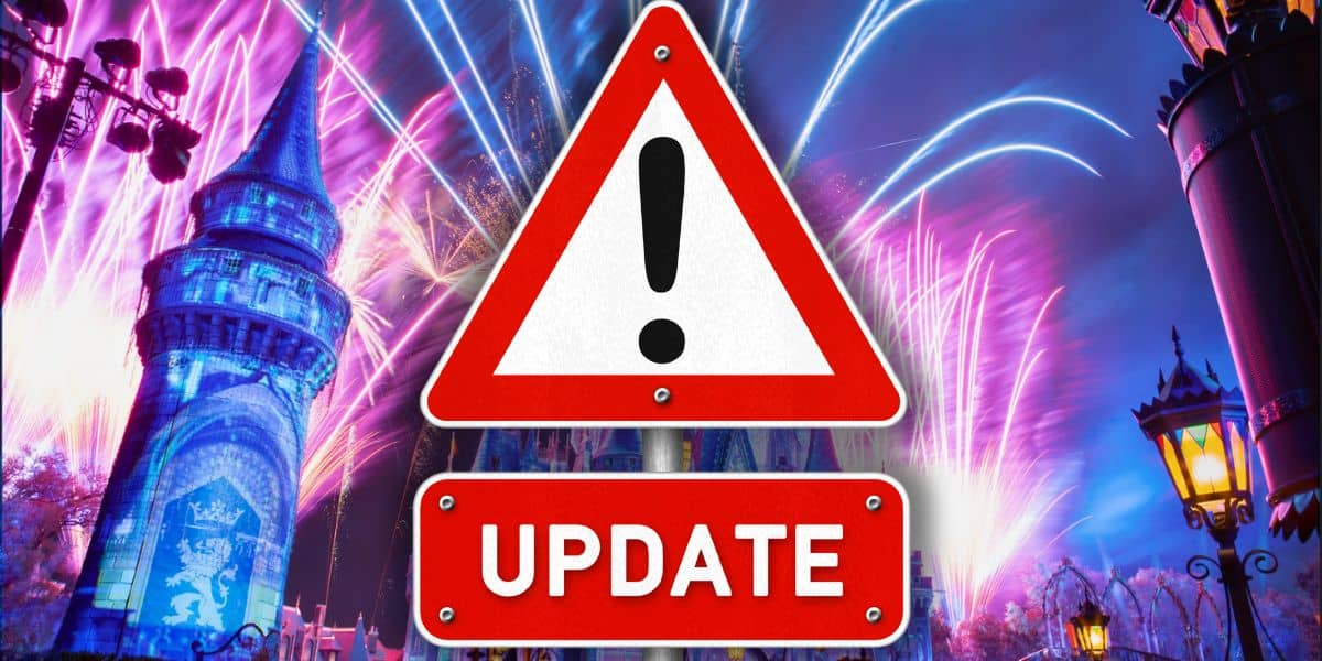 An "UPDATE" warning sign displayed in front of the Disney World Magic Kingdom castle, festive fireworks lighting up the night sky behind it as the first-ever After Hours event sells out and reaches capacity.