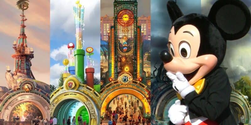 Mickey Mouse looking shocked at the entrance portals to Epic Universe, Universal Orlando Resort's newest and biggest theme park of 2025.