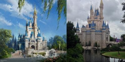 Split image: Left features an artistic Cinderella Castle; right shows the real Cinderella Castle with blue spires under a cloudy sky.
