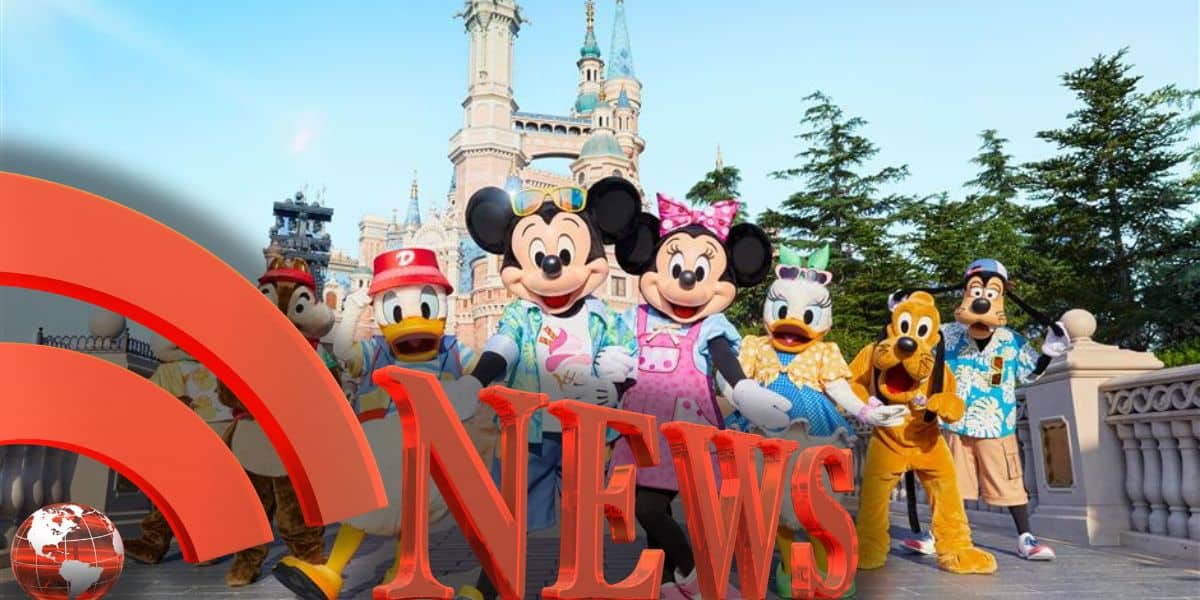 Mickey Mouse and friends pose before Cinderella Castle with a bold red "NEWS" banner and globe icon highlighting park updates as a new logo is revealed for this Disney Park in Shanghai Disney Resort.