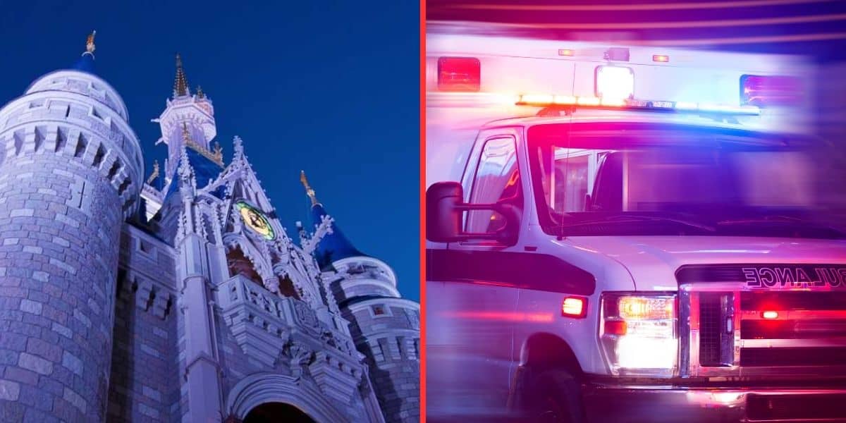 Split image: Left, Cinderella Castle illuminated at Magic Kingdom; right, an ambulance with sirens lit outside the park at night.