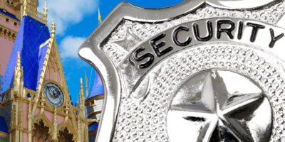 A gleaming security badge in front of Cinderella Castle and its clock tower at Magic Kingdom, set beneath a bright blue sky as security gets beefed up for 2026 at Disney World.