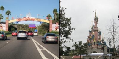 Split image: On the left, cars approach Walt Disney World; on the right, a Disney Park Castle rises behind lush trees inside of Tokyo Disneyland.