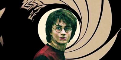 Mixed image: background is the iconic James Bond swirl, foreground is Harry Potter looking scared