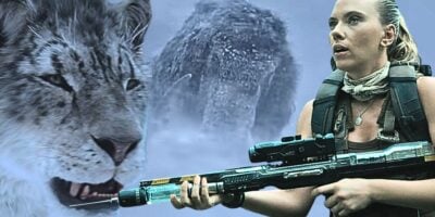 Mixed image: A Sabertooth and a Woolly Mammoth from 'Prehistoric Planet: Ice Age' and Scarlett Johansson from 'Jurassic World Rebirth'