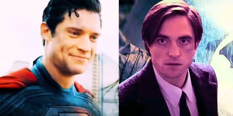 Split image: L - David Corenswet smiling as Superman, R - Robert Pattinson as Bruce Wayne looking up