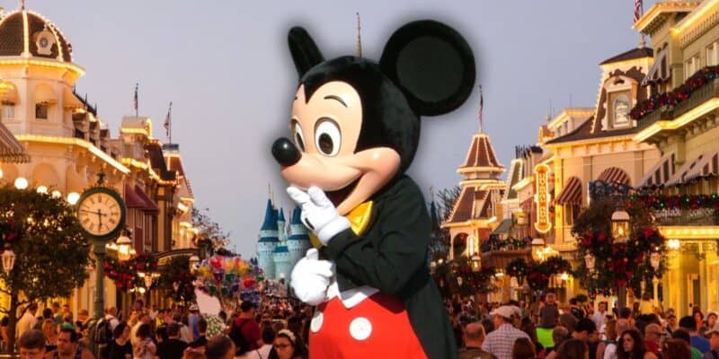 Mickey Mouse welcomes guests on a lively, celebration-filled Main Street at Disney World, surrounded by festive crowds at Magic Kingdom during Christmas in 2025.