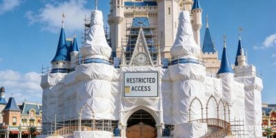 Cinderella Castle at Magic Kingdom under scaffolding and tarps, with a "Restricted Access" sign out front during renovations at Disney World for 2026.
