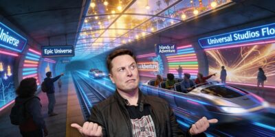 Elon Musk stands in the middle of a possible new vibrant tunnel lined with futuristic cars and signs for Epic Universe and Universal Orlando Resort.