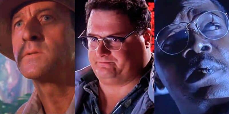 Split image (3): L - Muldoon, M - Nedry, R - Arnold, all from 'Jurassic Park'