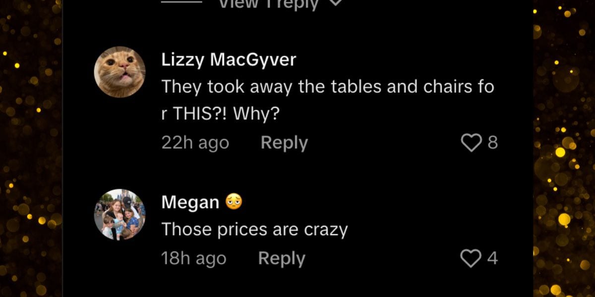 Screenshot of two fans discussing Disney Springs updates—one shocked by tables replacing a snack cart, another worried about pricier seating.