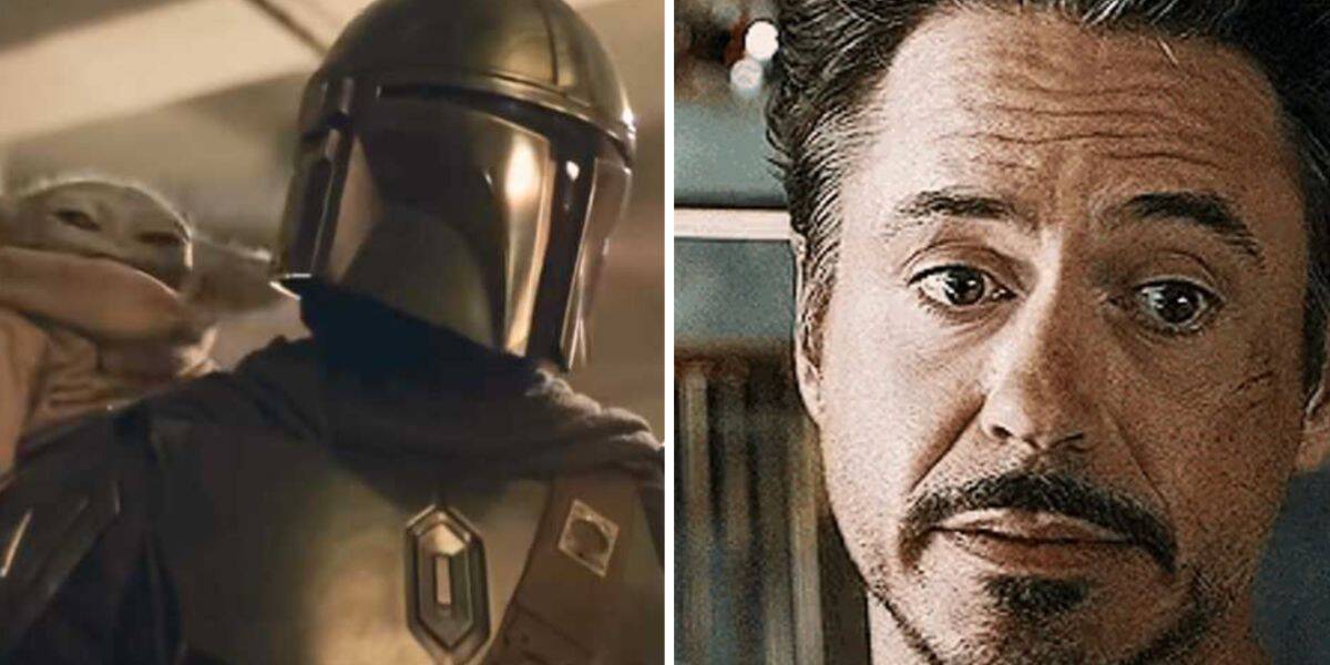 The Mandalorian and Grogu side-by-side with a skeptical guest, highlighting buzz for Disney hits like Avengers: Doomsday.