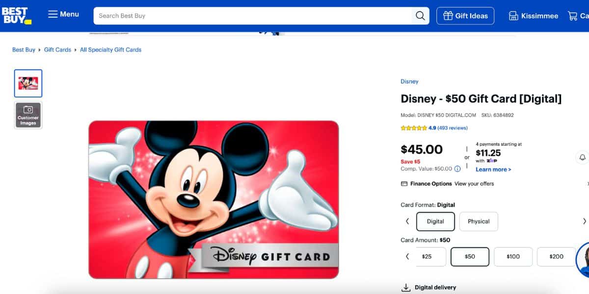 A $50 Disney gift card with Mickey Mouse is offered for $45 on Best Buy’s site—ideal for Disney Park visitors and entertainment fans.