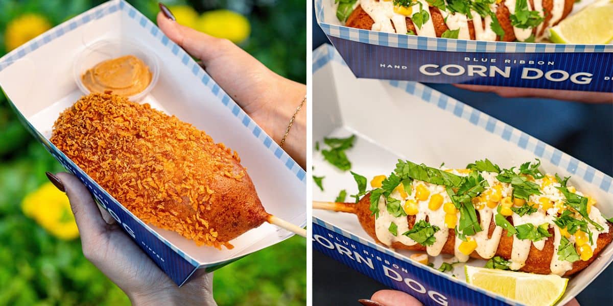 Left: Classic Disney World-style corn dog with dipping sauce. Right: BoardWalk-inspired corn dog on King's Hawaiian Rolls, topped with zesty fixings.