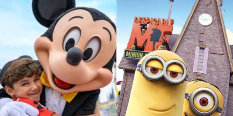 split image. on the left, mickey mouse and a younger guest. on the right, the minions stand in front of despicable me: minion mayhem ride