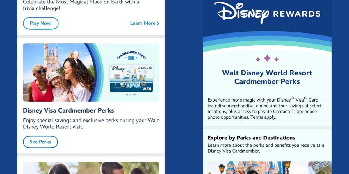 Disney Rewards page showing Cardmember perks, park benefits, and app access for Walt Disney World fans and theme park visitors.
