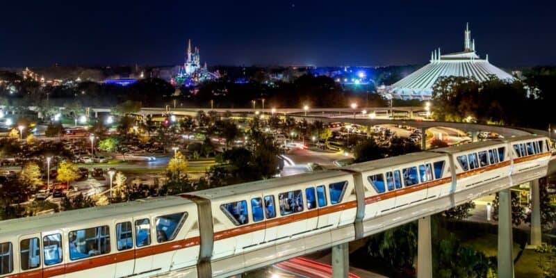 wide shot of Disney World's monorail gliding through Magic Kingdom