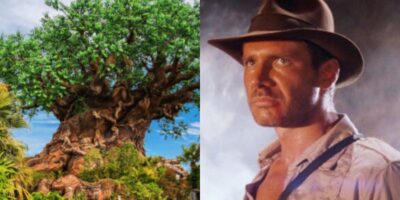 spit image with animal kingdom's tree of life on the left and harrison ford as indiana jones on the right