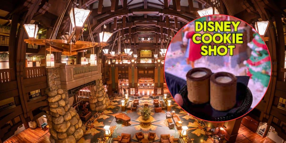 Disney resort lobby with charming, rustic touches and an inset of two cookie shots labeled "Disney Cookie Shot" for fans to try.