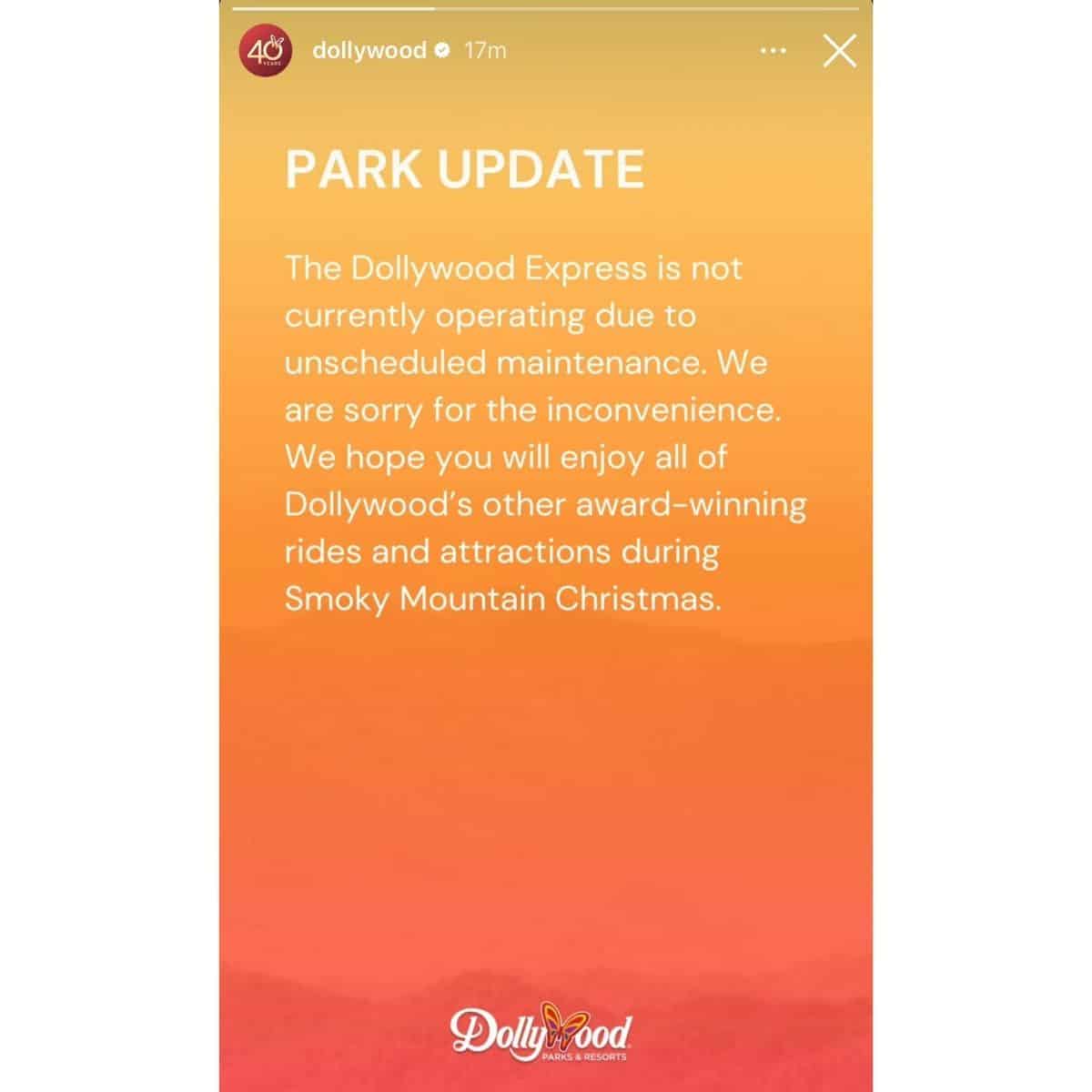 A press release announcing the temporary closure of the Dollywood Express