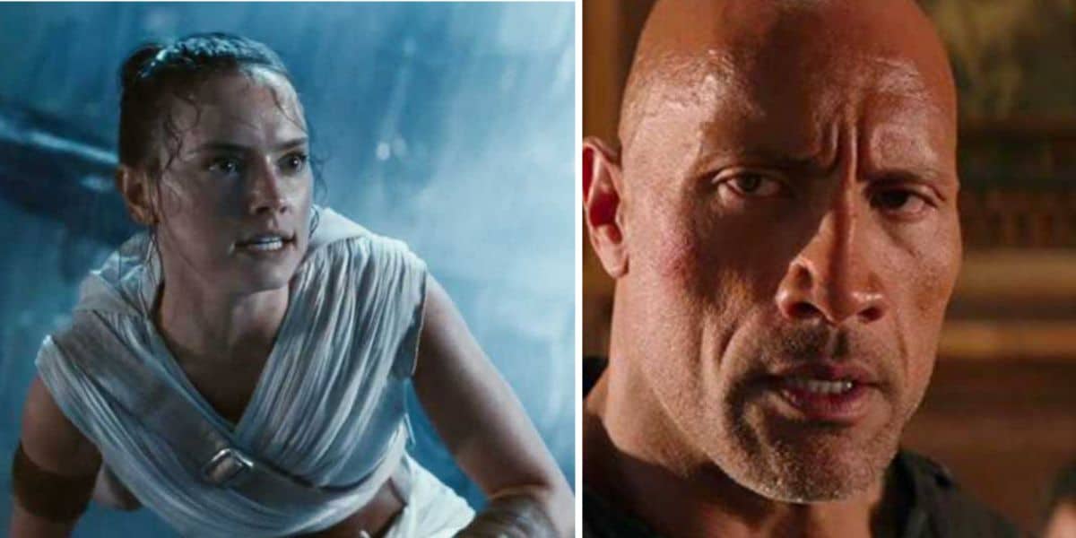 Daisy Ridley as Rey (left) and Dwayne Johnson in 'Red Notice' (right)