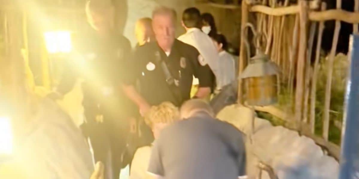 Firefighters carrying a teenager in a wheelchair away from the Matterhorn Bobsleds