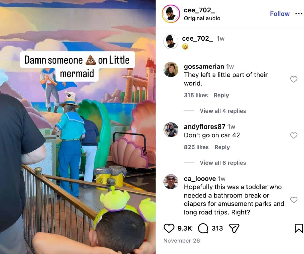 Cast member in blue supervises as fans enjoy a Disney World ride scene; a funny poop emoji text overlay adds extra humor.