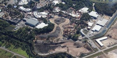 Aerial view of the Tom Sawyer Island/Rivers of America/Frontierland construction at the Magic Kingdom.