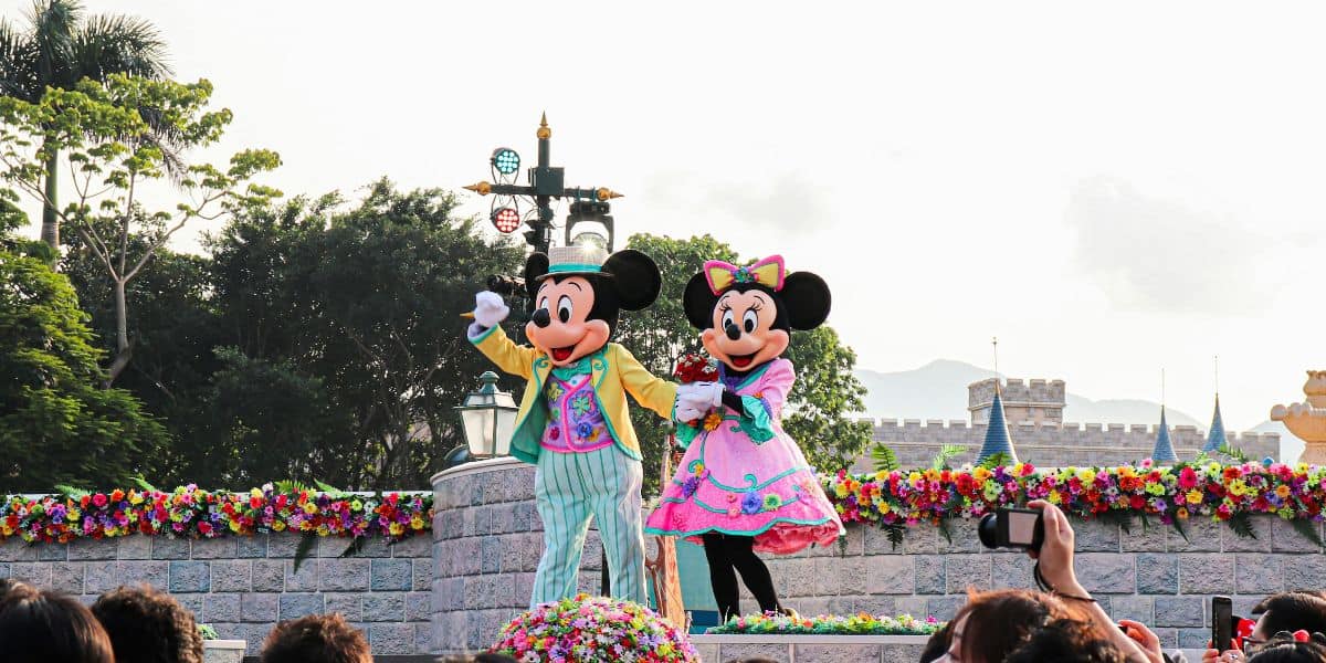 Mickey and Minnie Mouse on stage at Hong Kong Disneyland