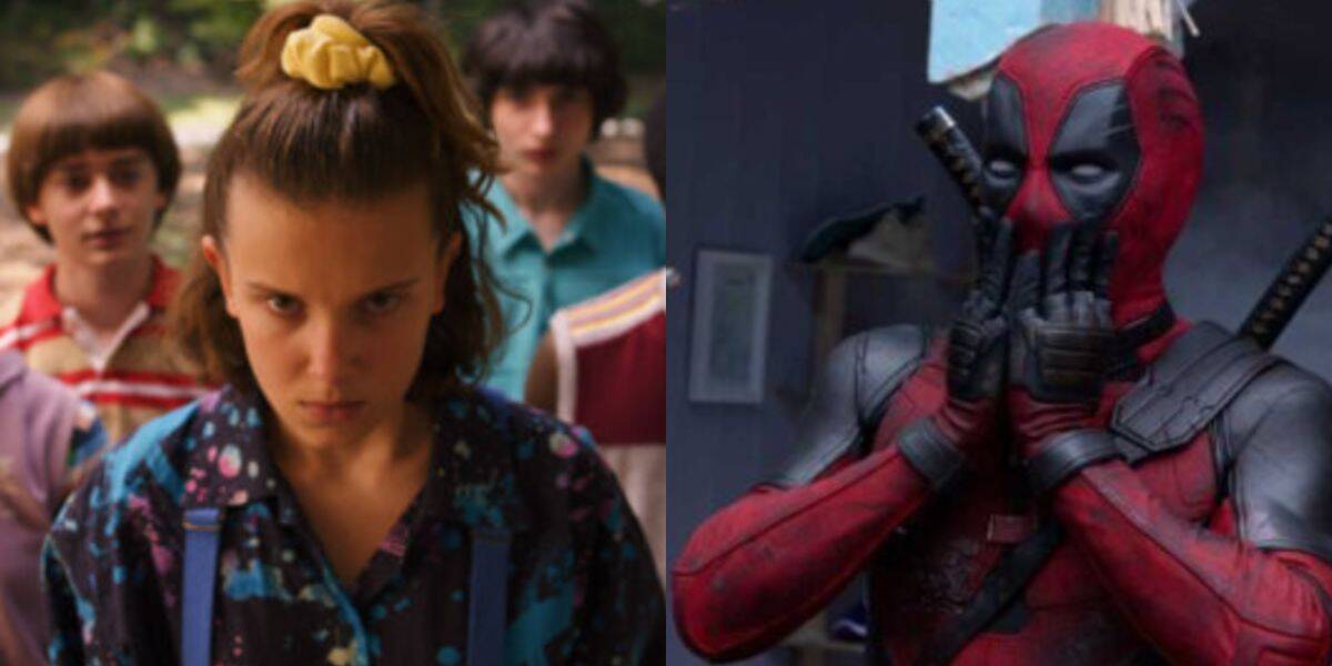 split image of Eleven from Stranger Things (Millie Bobby Brown) on the left and Marvel's Deadpool (Ryan Reynolds) gasping on the right