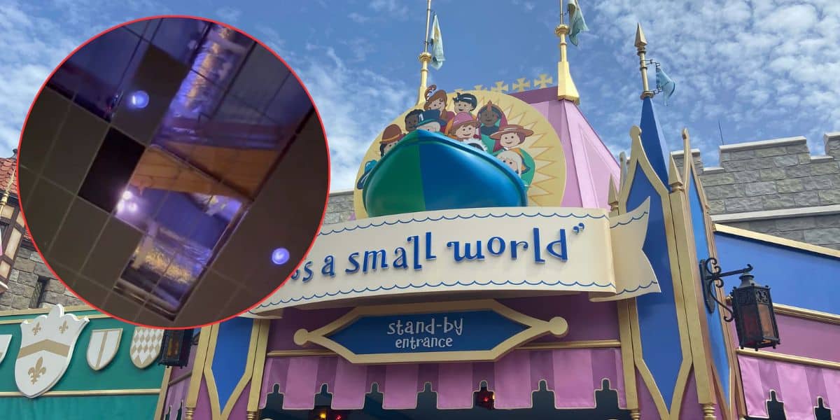 It's a small world" attraction entrance at Disneyland, plus an inset of the ride's whimsical blue-lit ceiling panels inside.