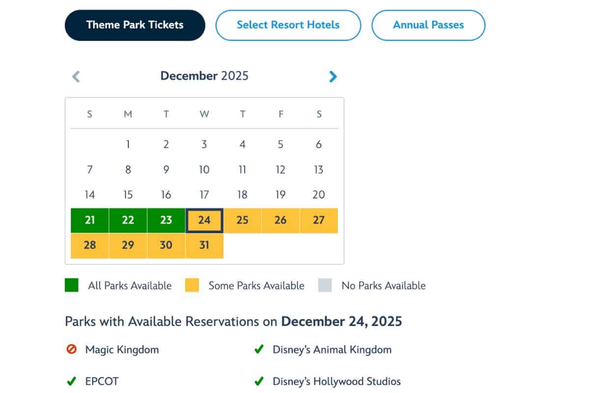 Theme park ticket reservations for Magic Kingdom unavailable on Christmas Eve
